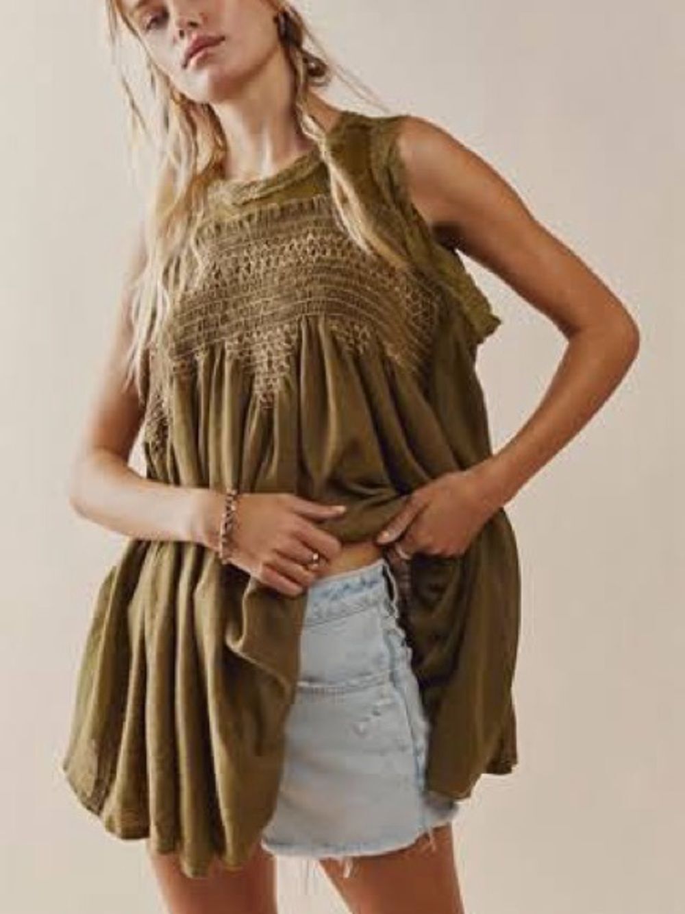 Free People Voile & Lace Trapeze Slip Tunic Dress Army / Olive Green L
